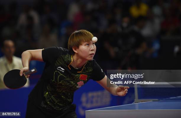 China's Zhu Yuling plays a shot against Japan's Hirano Miu in the Women's Singles semi-finals during the 30th Asian Table Tennis Cup 2017 in...