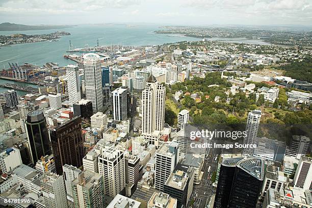 view of albert park and the harbour auckland - auckland aerial stock pictures, royalty-free photos & images