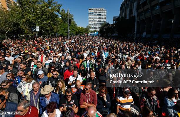 Hundreds of riders gather in Madrid to pay tribute to Grand Prix motorcycling legend Angel Nieto in front of the Santiago Bernabeu stadium on...