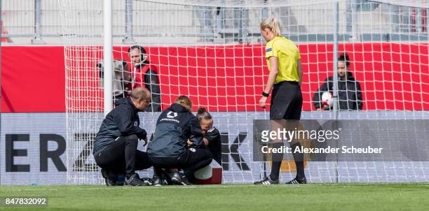 Almuth Schult of Germany gets injured during the 2019 FIFA women's World Championship qualifier match between Germany and Slovenia at Audi Sportpark...