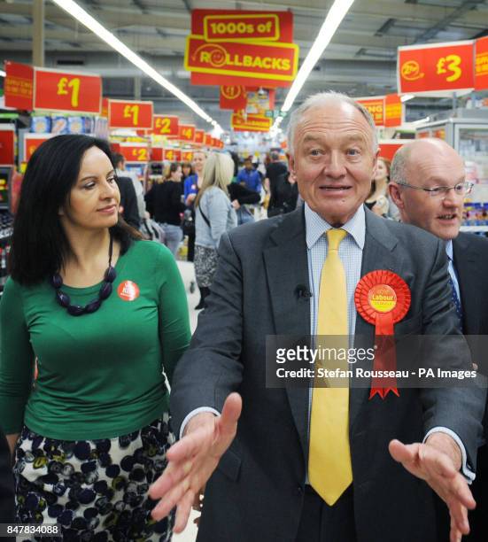 London Mayoral candidate Ken Livingstone campaigns at an Asda supermarket in south east London today with Labour MP Caroline Flint.