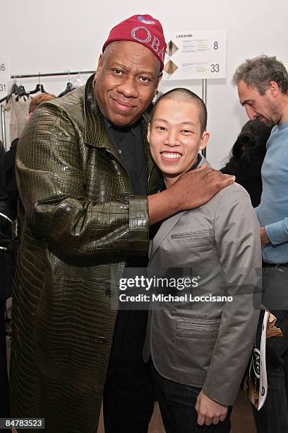 Andre Leon Talley and designer Jason Wu pose backstage at the Jason Wu Fall 2009 fashion show during Mercedes-Benz Fashion Week at Exit Art on...