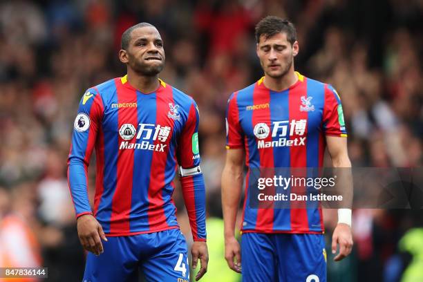 Jason Puncheon of Crystal Palace and Joel Ward of Crystal Palace react after the Premier League match between Crystal Palace and Southampton at...