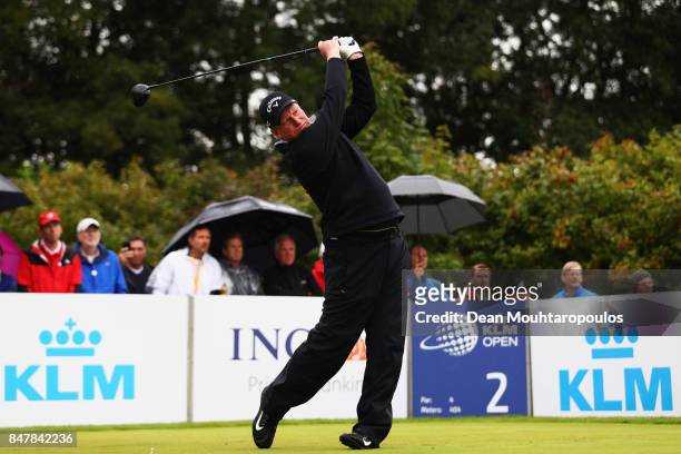 Richard Finch of England hits his tee shot on the 2nd hole during day 3 of the European Tour KLM Open held at The Dutch on September 16, 2017 in...