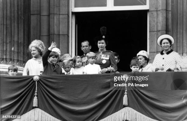 *Scanned low-res off print, high res available on request* Prince Andrew waves to the crowd as his mother, Queen Elizabeth II, joins the Royal family...