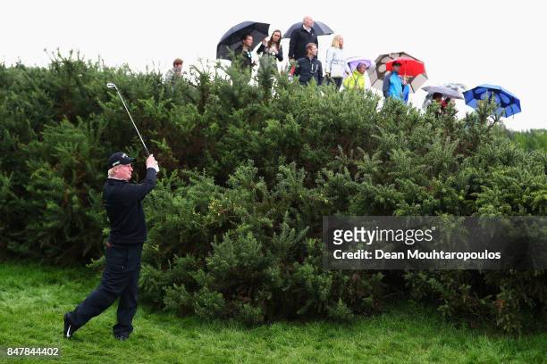 Richard Finch of England hits his third shot on the 1st hole during day 3 of the European Tour KLM Open held at The Dutch on September 16, 2017 in...