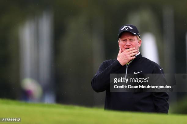 Richard Finch of England lines up a putt on the 1st green during day 3 of the European Tour KLM Open held at The Dutch on September 16, 2017 in...