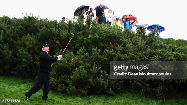 Richard Finch of England hits his third shot on the 1st hole during day 3 of the European Tour KLM Open held at The Dutch on September 16, 2017 in...