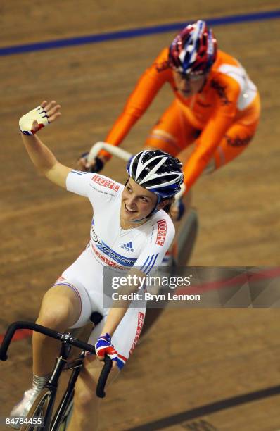 Lizzy Armitstead of Great Britain celebrates winning the Women's Scratch Race during day one of the UCI Track World Cup V on February 13, 2009 in...