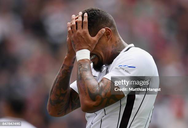 Kevin-Prince Boateng of Frankfurt shows his disappointment during the Bundesliga match between Eintracht Frankfurt and FC Augsburg at...