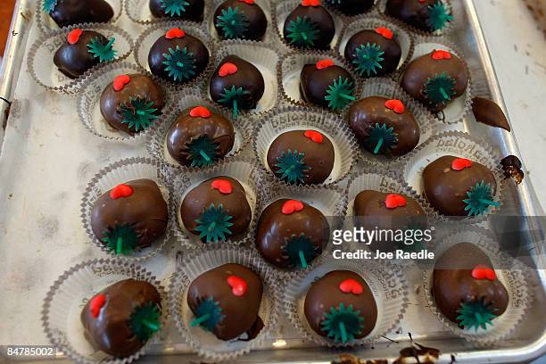 Chocolate dipped strawberries are ready to be consumed at Schakolad Chocolate Factory on February 13, 2009 in Davie, Florida. Chocolate, flowers and...
