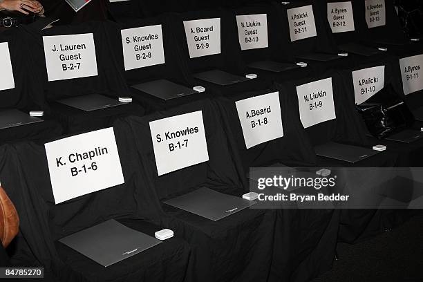 Front row seating is labeled at the BCBGMaxAzria Falll 2009 fashion show during Mercedes-Benz Fashion Week at The Tent in Bryant Park on February 13,...