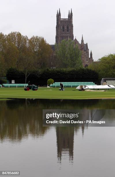 Flood water encroaches on to the outfield at New Road in Worcester, the home of Worcestershire County Cricket Club.