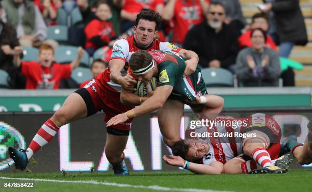 Nick Malouf of Leicester dives over for their third try during the Aviva Premiership match between Leicester Tigers and Gloucester Rugby at Welford...