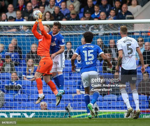 Bolton Wanderers' goalkeeper Ben Alnwick saves under pressure during the Sky Bet Championship match between Ipswich Town and Bolton Wanderers at...