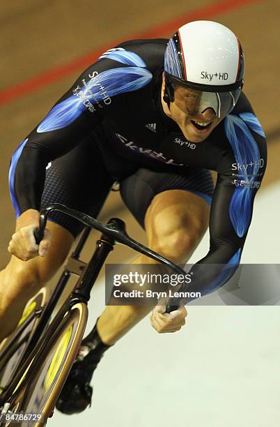 Chris Hoy of Great Britain and the SKY+HD team in action on the final lap of the Men's Team Sprint during day one of the UCI Track World Cup V on...