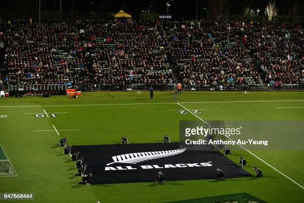 The flag of the All Blacks is seen prior to the team lineups during the Rugby Championship match between the New Zealand All Blacks and the South...