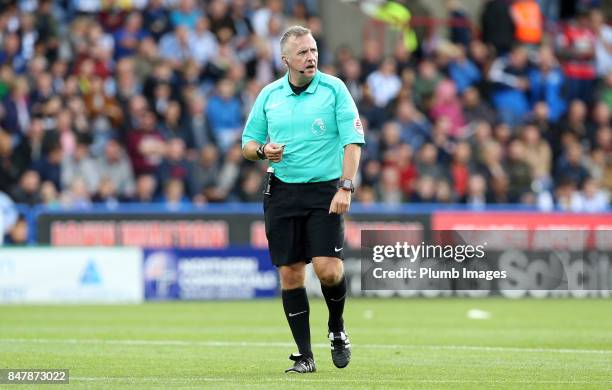 Referee Jonathan Moss during the Premier League match between Huddersfield Town and Leicester City at John Smith's Stadium on September 16th, 2017 in...