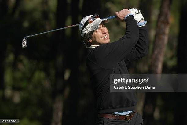 Actor Ray Romano hits his tee shot on the 11th hole at Poppy Hills Golf Course during the second round of the the AT&T Pebble Beach National Pro-Am...