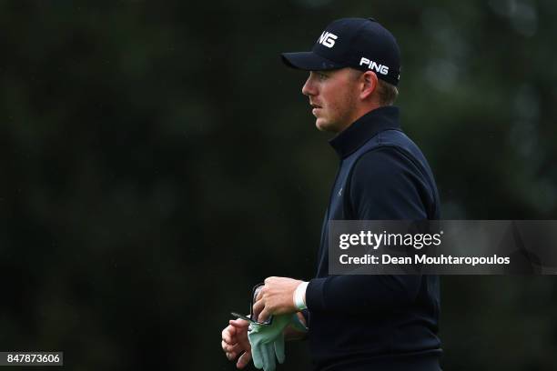 Matt Wallace of England walks on the 1st hole from the bushes during day 3 of the European Tour KLM Open held at The Dutch on September 16, 2017 in...