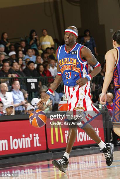 Special K Daley of the Harlem Globetrotters dribbles during the McDonald's All-Star Celebrity Game on center court during NBA Jam Session Presented...