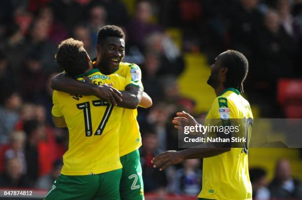 Yanic Wildschut of Norwich celebrates with Alexander Tettey after scoring during the Sky Bet Championship match between Sheffield United and Norwich...