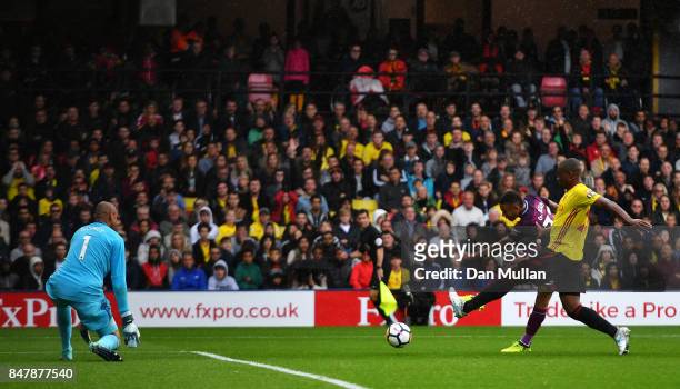 Gabriel Jesus of Manchester City scores his sides third goal past Heurelho Gomes of Watford during the Premier League match between Watford and...
