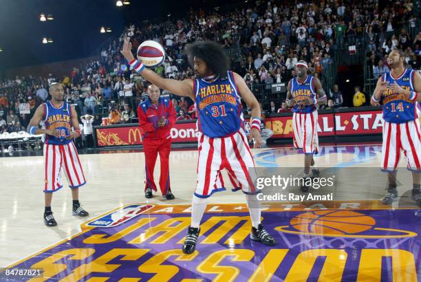 The Harlem Globetrotters perfom during the McDonald's All-Star Celebrity Game on center court during NBA Jam Session Presented by Adidas on February...