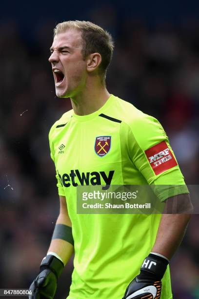 Joe Hart of West Ham United reacts during the Premier League match between West Bromwich Albion and West Ham United at The Hawthorns on September 16,...