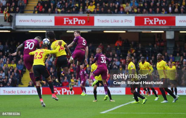 Nicolas Otamendi of Manchester City scores his sides fourth goal during the Premier League match between Watford and Manchester City at Vicarage Road...