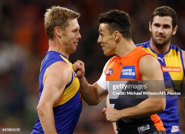 Sam Mitchell of the Eagles and Dylan Shiel of the Giants exchange words during the 2017 AFL First Semi Final match between the GWS Giants and the...