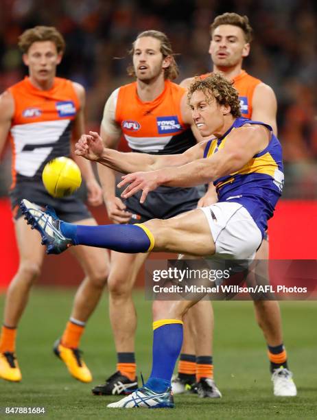 Matt Priddis of the Eagles kicks the ball during the 2017 AFL First Semi Final match between the GWS Giants and the West Coast Eagles at Spotless...
