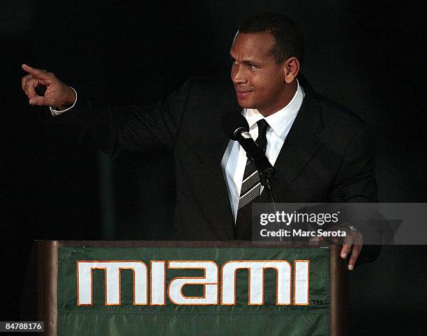 New York Yankees third baseman Alex Rodriguez speaks at a ceremony to rename Mark Light Field to Alex Rodriguez Park in his honor at the University...