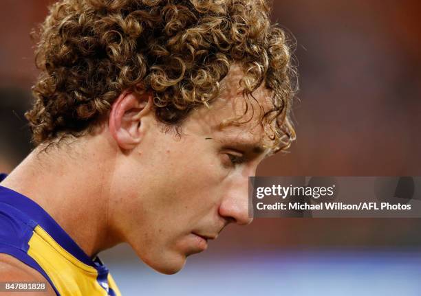 Matt Priddis of the Eagles looks on during the 2017 AFL First Semi Final match between the GWS Giants and the West Coast Eagles at Spotless Stadium...