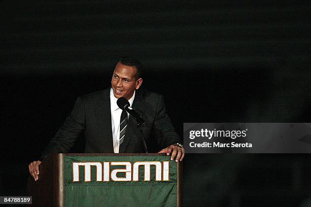 New York Yankees third baseman Alex Rodriguez speaks at a ceremony to rename Mark Light Field to Alex Rodriguez Park in his honor at the University...