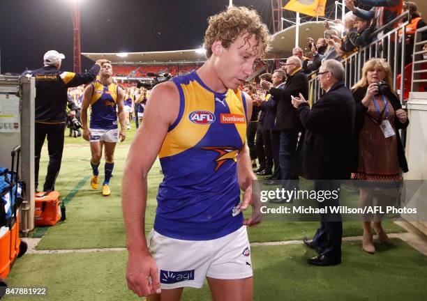 Matt Priddis of the Eagles leaves the field after his final match during the 2017 AFL First Semi Final match between the GWS Giants and the West...