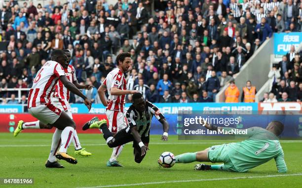 Christian Asu of Newcastle United goes down and appeals for a penalty during the Premier League match between Newcastle United and Stoke City at St....