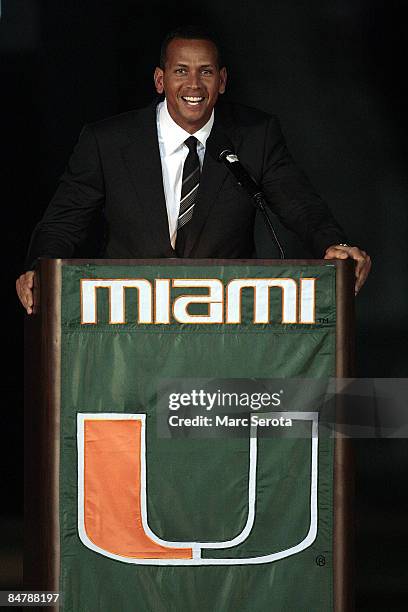 New York Yankees third baseman Alex Rodriguez speaks at a ceremony to rename Mark Light Field to Alex Rodriguez Park in his honor at the University...