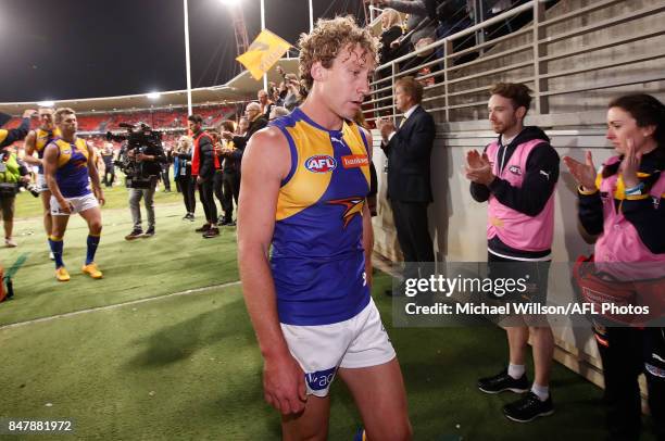 Matt Priddis of the Eagles leaves the field after his final match during the 2017 AFL First Semi Final match between the GWS Giants and the West...