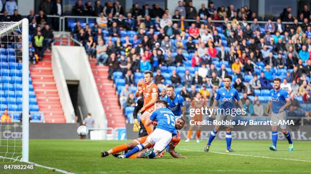 Stefan Payne of Shrewsbury Town scores a goal to make it 0-1 during the Sky Bet League One match between Oldham Athletic and Shrewsbury Town at...