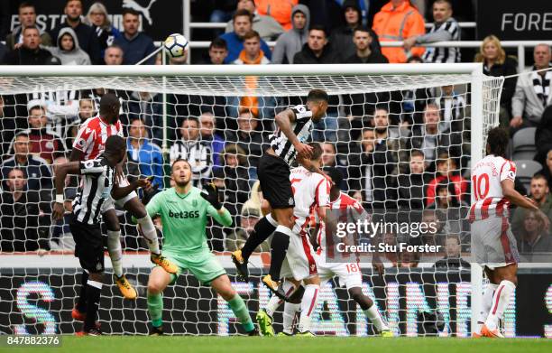 Jamaal Lascelles of Newcastle United scores his sides second goal during the Premier League match between Newcastle United and Stoke City at St....
