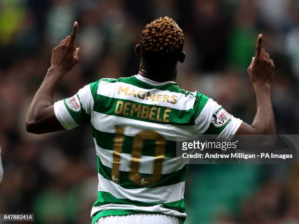 Celtic's Moussa Dembele celebrates scoring his side's second goal of the game during the Ladbrokes Scottish Premiership match at Celtic Park, Glasgow.