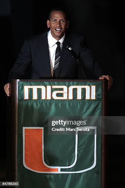 New York Yankees third baseman Alex Rodriguez speaks at a ceremony to rename Mark Light Field to Alex Rodriguez Park in his honor at the University...