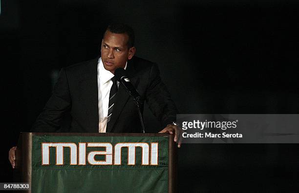New York Yankees third baseman Alex Rodriguez speaks at a ceremony to rename Mark Light Field to Alex Rodriguez Park in his honor at the University...