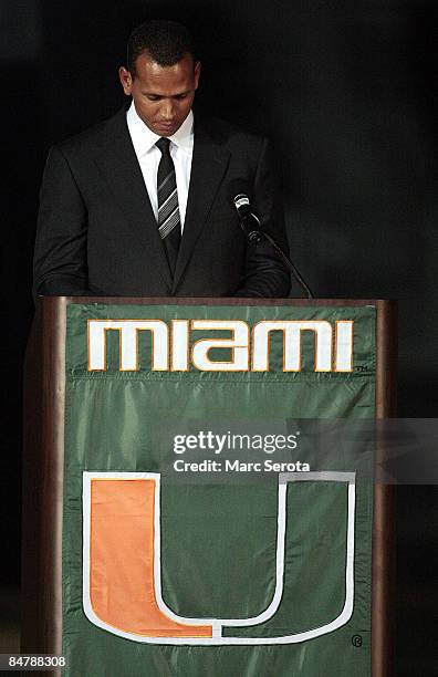 New York Yankees third baseman Alex Rodriguez speaks at a ceremony to rename Mark Light Field to Alex Rodriguez Park in his honor at the University...