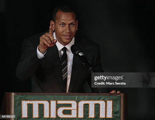 New York Yankees third baseman Alex Rodriguez speaks at a ceremony to rename Mark Light Field to Alex Rodriguez Park in his honor at the University...