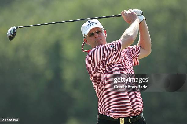 Sandy Lyle hits a drive during the first round of the Allianz Championship held at The Old Course at Broken Sound Club on February 13, 2009 in Boca...