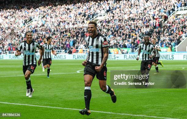 Jamaal Lascelles of Newcastle United celebrates after he heads the ball to score Newcastle's second goal during the Premier League match between...