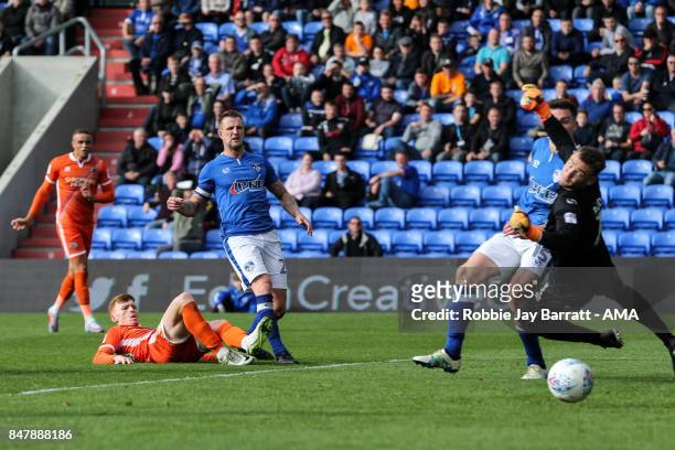 Joe Nolan of Shrewsbury Town scores a goal to make it 1-2 during the Sky Bet League One match between Oldham Athletic and Shrewsbury Town at Boundary...