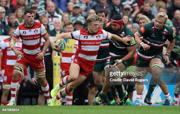 Ollie Thorley of Glouester breaks away with the ball during the Aviva Premiership match between Leicester Tigers and Gloucester Rugby at Welford Road...